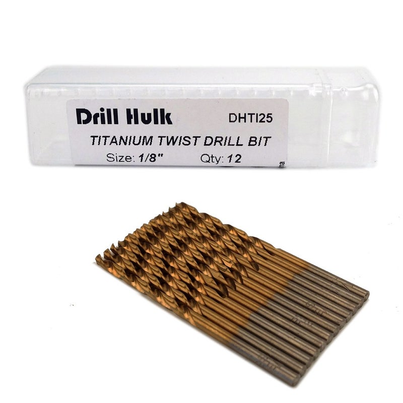Drill Hulk Pack of 12, 1/8-Inch Titanium Nitride Coated Drill Bit, Premium M2 High Speed Steel, Jobber Length, for Metal, Plastic, Wood - Image 1
